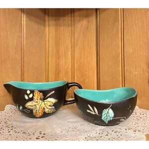 Vintage Canadian Pottery Creamer & Sugar Bowl Set By Herta Decorated Leaf Design